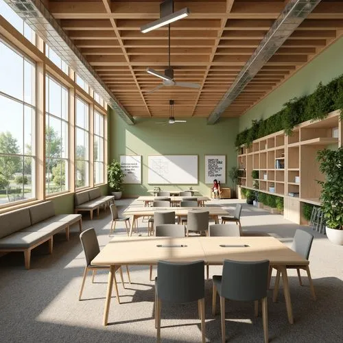 school design,daylighting,lunchroom,desks,study room,modern office,collaboratory,cafeteria,3d rendering,renderings,conference room,staffroom,sketchup,reading room,canteen,revit,lunchrooms,offices,breakfast room,steelcase