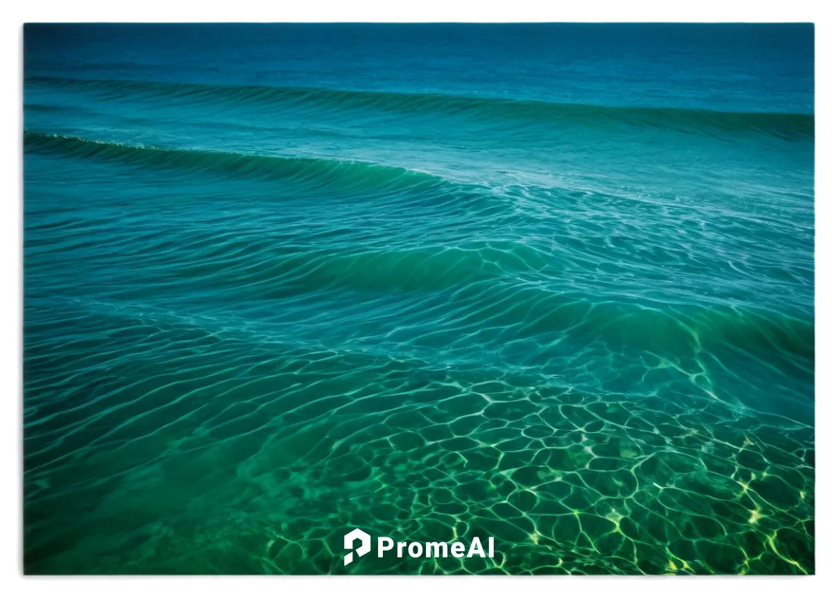 calm ocean, blue-green water, sunlight reflecting off waves, foam forming at surface, gentle ripples, shallow depth of field, warm color tone, soft lighting, panoramic view, atmospheric perspective.,w