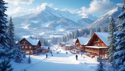 Vibrant ski resort, snowy mountainous landscape, pine trees, chairlifts, ski trails, snowflakes, frozen lakes, wooden chalets, modern architecture, large windows, rustic interiors, cozy fireplaces, wa