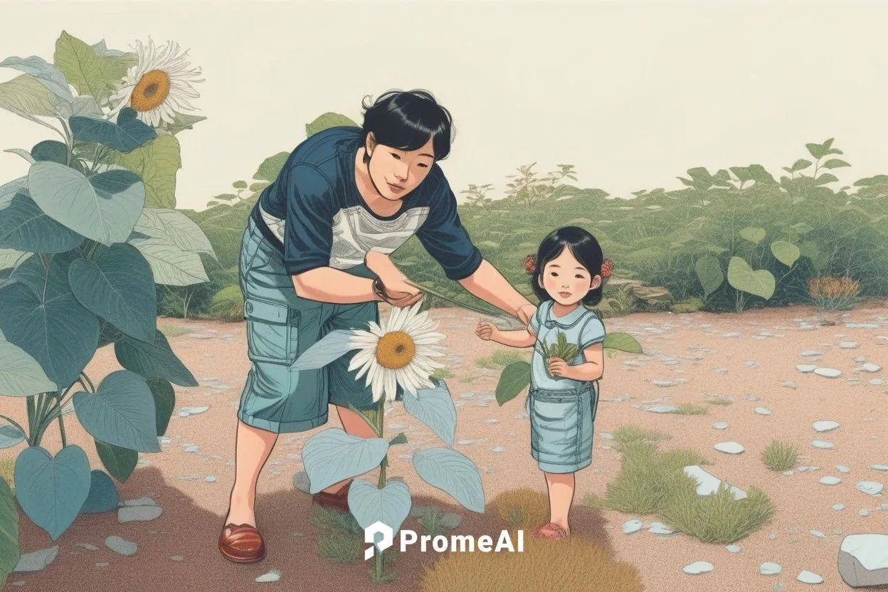 Line drawing of a human couple.,a man is teaching a little girl to grow sunflowers,takahata,tatsuro,taniguchi,zhiyuan,parents with children,chomet,Illustration,Vector,Vector 03