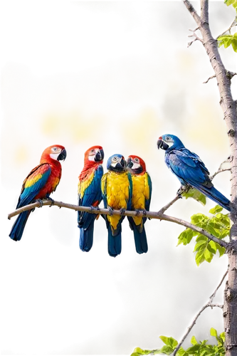 Birds on a tree, multiple birds, perched, colorful plumage, wings folded, bright eyes, slender branches, leafy foliage, warm sunlight filtering through leaves, 3/4 composition, shallow depth of field,