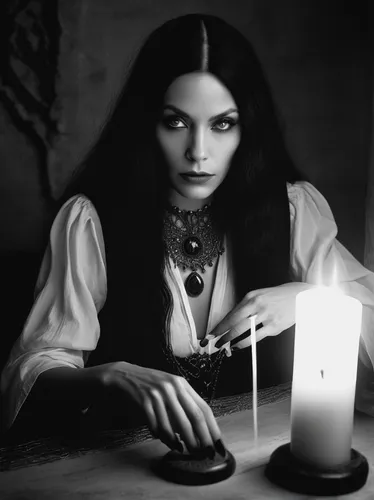 psychic vampire,vampira,dark gothic mood,divination,gothic woman,witch house,sorceress,the witch,gothic portrait,fortune teller,vampire woman,fortune telling,occult,black candle,ouija board,witchcraft,witches pentagram,vampire lady,priestess,conjure up,Photography,Black and white photography,Black and White Photography 05