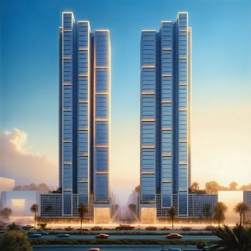 busy road, cars , crowded street,two tall buildings in the middle of the city,urban towers,international towers,escala,skyscrapers,mubadala,rotana,Conceptual Art,Sci-Fi,Sci-Fi 19