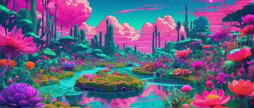 futuristic landscape,alien planet,virtual landscape,alien world,acid lake,flowerful desert,3d fantasy,tropical bloom,fantasy landscape,3d background,blooming field,oasis,cosmos field,wonderland,mushroom landscape,lagoon,fairy world,colorful background,芦ﾉ湖,art background,Conceptual Art,Sci-Fi,Sci-Fi 28