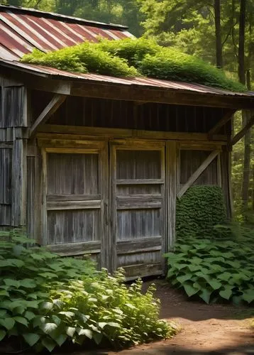 Rustic, weathered architectural salvage, North Carolina, countryside, old wooden barn door, distressed metal roofing, vintage windows, reclaimed wood planks, corrugated iron walls, overgrown with ivy,