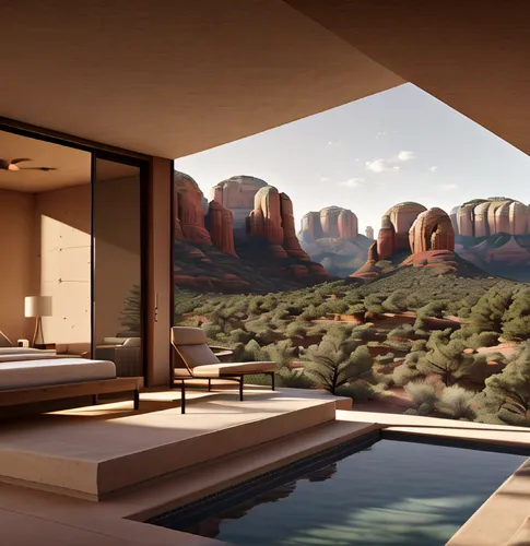 desert landscape,desert desert landscape,cliff dwelling,roof landscape,luxury property,sandstone wall,dunes house,sedona,futuristic landscape,arid landscape,house in the mountains,home landscape,luxury real estate,the desert,house in mountains,3d rendering,luxury bathroom,beautiful home,desert,arizona