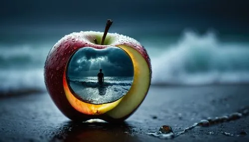 lovely double exposure image by blending together a stormy sea and a glass apple. The sea should serve as the underlying backdrop, with its details subtly incorporated into the glossy glass apple, sha