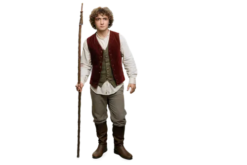 Hobbit, male, curly brown hair, bushy eyebrows, round face, small nose, innocent expression, earth-toned clothing, leather boots, holding wooden staff, standing, natural scenery, warm sunlight, shallo