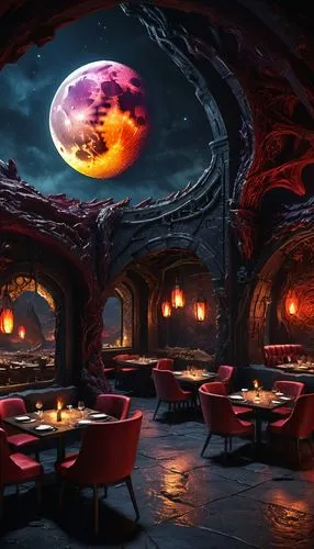 night view of red rose,fine dining restaurant,fire planet,3d render,diner,ristorante,rosa cantina,romantic dinner,a restaurant,cantina,trattoria,alpine restaurant,tavernas,bistro,ufo interior,bistrot,3d fantasy,red lantern,restaurant,fantasy landscape,Illustration,Realistic Fantasy,Realistic Fantasy 33