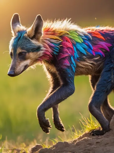 animals play dress-up,african wild dog,rainbow rabbit,wild dog,color rat,spotted hyena,anthropomorphized animals,kit fox,desert fox,sand fox,color dogs,whimsical animals,child fox,anteater,a fox,jagdterrier,firefox,south american gray fox,coyote,fox stacked animals,Conceptual Art,Oil color,Oil Color 21