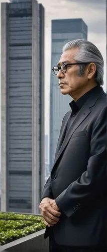 Modern Japanese architect, Hiroshi Sugimoto, sleek black glasses, grey hair, suited in black attire, standing confidently, hands behind back, skyscraper, Tokyo cityscape, concrete structure, steel bea