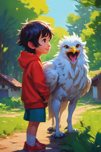 In a peaceful village, a mischievous sprite befriends a playful griffin. Describe their adventures and the bond they form.,studio ghibli,large owl,eagle illustration,gryphon,couple boy and girl owl,ow