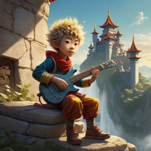 meteora,guitar player,troubador,troubadour,music fantasy,cavaquinho,Illustration,Realistic Fantasy,Realistic Fantasy 05