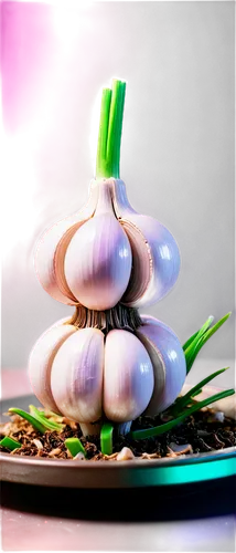 Garlic bulb, solo, detailed texture, white papery skin, purple-tinged cloves, green shoots, root system, ceramic plate, indoor setting, warm lighting, shallow depth of field, 3/4 composition, realisti