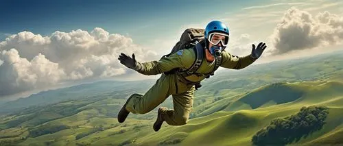 Male, athletic build, helmet, goggles, oxygen mask, jumpsuit, backpack parachute, gloves, strong facial features, smiling, blue sky, few white clouds, green landscape, rolling hills, vast open space, 