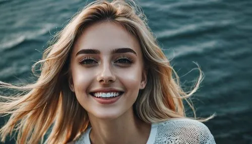 ultra high quality, 8k, masterpiece, beautiful women, 23 years old, lomg darker blonde hair, thin face shape, beautiful big eyes, seductive smile, summer outfit, perfect teeth,a woman smiling while st