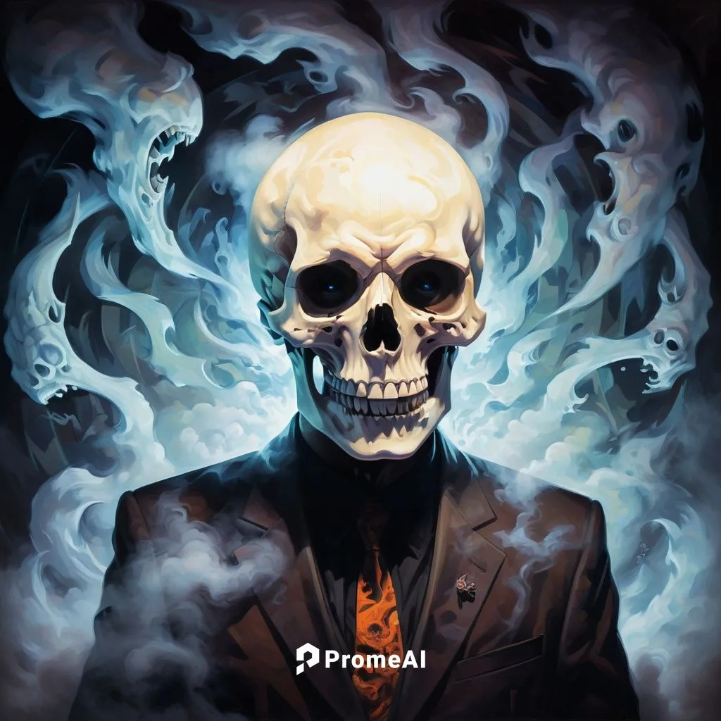 Create a spooky gallery filled with ghostly portraits that seem to watch the viewer. Each painting features a ghostly figure emerging from a skull, surrounded by swirling mist. The eyes of the portrai