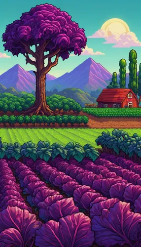 fruit fields,mushroom landscape,purple landscape,vegetables landscape,vegetable field,farm landscape,agricultural,farmland,farms,lavender fields,farm background,organic farm,vineyards,cartoon video game background,lavender field,rural landscape,farm,potato field,home landscape,farmlands,Illustration,American Style,American Style 01