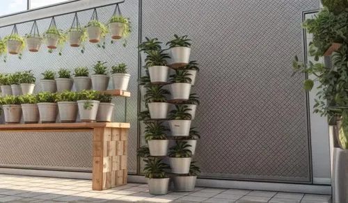 permeable Net house filled with herb plants and hydroponic tower,a variety of potted plants line the wall next to a bench,balcony garden,microhabitats,container plant,flower boxes,planters,start garde