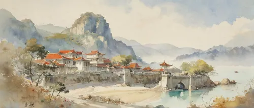 huashan,thomas moran,lake bled,river landscape,fjord,decebalus,mountain settlement,bastei,coastal landscape,fjords,bled,village scene,thun,alpine village,fishing village,transfogarska,khokhloma painting,villages,guizhou,watercolor shops,Conceptual Art,Fantasy,Fantasy 24