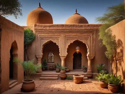 Mud brick architecture, ancient Indian style, rustic earthy tone, intricate carvings, ornate doorways, arched windows, domed rooftops, weathered walls, natural textures, earthenware pottery, lanterns,