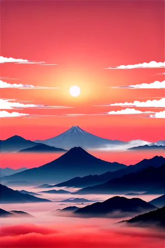 mountain sunrise,landscape red,japan landscape,japanese mountains,landscape background,world digital painting,volcanic landscape,mount fuji,desert landscape,rising sun,red sky,mountain landscape,dune landscape,fuji,alpine sunset,desert desert landscape,mt fuji,digital painting,futuristic landscape,mountainous landscape,Illustration,Japanese style,Japanese Style 04