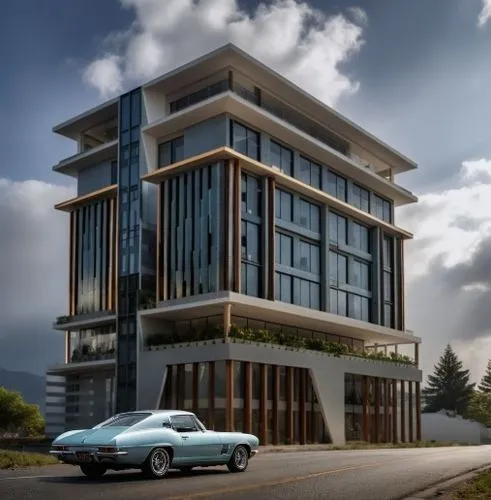 car,a classic car is parked in front of a tall, modern building,modern building,3d rendering,residencial,penthouses,car showroom,modern house