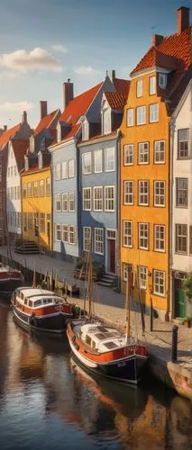 Famous Danish architecture, Nyhavn harbor, colorful townhouses, half-timbered buildings, ornate facades, steeply pitched roofs, dormer windows, brick walls, cobblestone streets, sailing boats docked, 