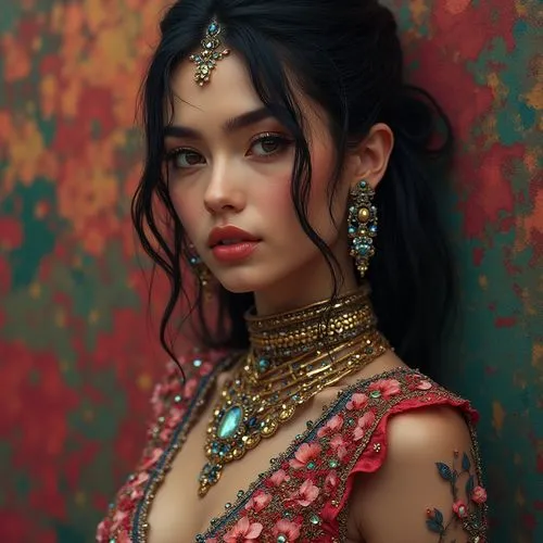 A ravishingly beautiful woman with flawless skin and mesmerizing eyes, adorned in an elaborate, hand-beaded and embroidered outfit in a vibrant color palette, accentuated by stunning futuristic jewell