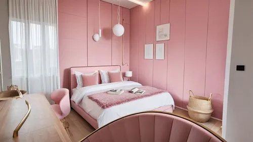 Girls' bedroom
Bright colors, pastel pink and white, minimal style
Light wooden floor
Bright walls 
Pink, white and pink bedspread with fancy cushions,a pink bedroom with white sheets and a pink chair