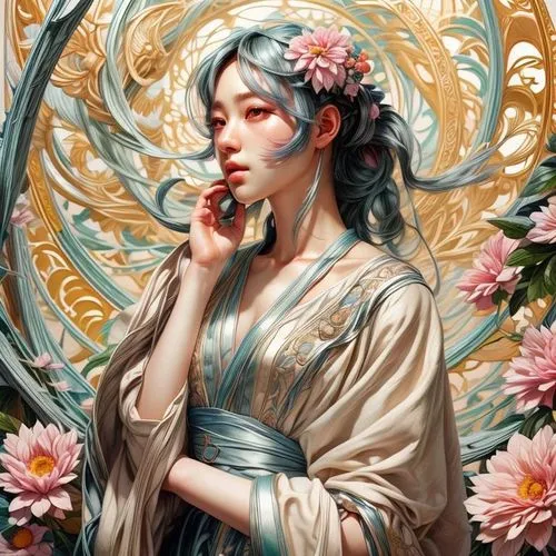 chinese art,flora,girl in flowers,oriental princess,jasmine blossom,geisha,sakura wreath,fantasy portrait,wreath of flowers,flower fairy,floral japanese,japanese art,oriental painting,camellia,petals,blooming wreath,japanese floral background,geisha girl,girl in a wreath,amano