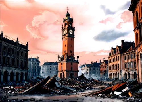 destroyed city,post-apocalyptic landscape,apocalyptic,bradford,clocktower,clock tower,whitehall,townscape,whitechapel,toulouse,castlegate,city in flames,westminster,arras,city scape,tolbooth,rotherham,post apocalyptic,torchwood,coventry,Conceptual Art,Fantasy,Fantasy 24