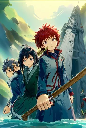 a group of people in water with a sword,sea scouts,the three magi,nautical children,gainax,earthsea,sailors,Anime,Anime,Traditional