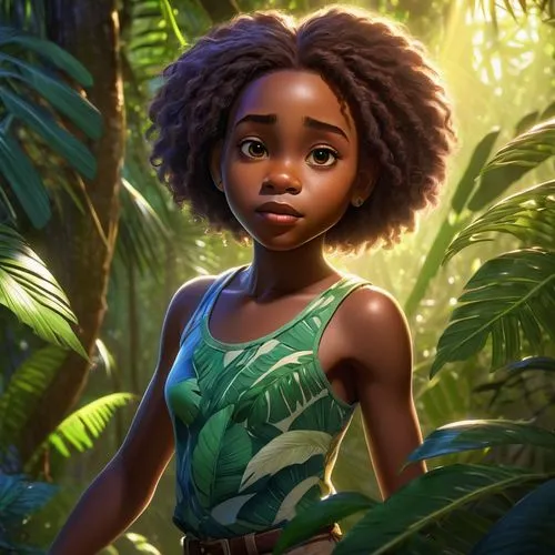 pixar style photo, medium shot, mid forties African American woman, looking curious and cautious, pushing through dense tropical forest, sunlight through leaves, ultra detailed, high quality --cref ht