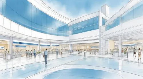 a drawing of people in the atrium at a busy airport,renderings,macerich,apple store,cupertino,hammerson,shopping mall,Unique,Design,Infographics