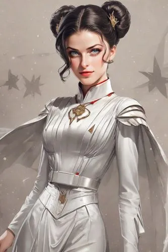 High-resolution image of a woman with vintage makeup, classic winged eyeliner, and red lipstick.,an art drawing of an asian woman wearing silver,leia,amidala,organa,padme,lady medic,amuria,Digital Art