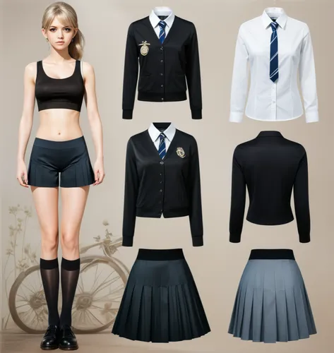 Paper doll British school girl in black sleeveless shirt ,black tight fit spandex shorts with black sock and shoe standing surrounded by with a set of british school uniform, shirt, grey pleated skirt