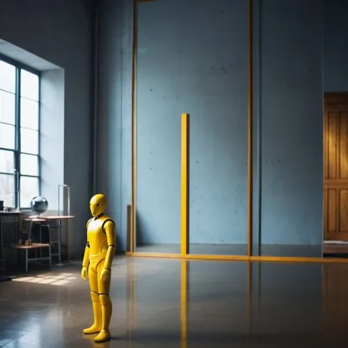 create a yellow, jointed crash test dummy in a high-ceilinged room with a long opening with no street view, the dummy is standing still while looking at its reflection in the mirror,yellow mannequin i