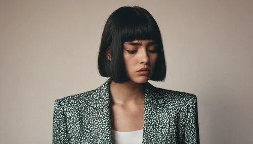 asymmetric cut,bowl cut,bob cut,woman in menswear,bolero jacket,japanese woman,shoulder pads,asian semi-longhair,feist,girl in a long,blazer,menswear for women,layered hair,conceptual photography,han thom,the long-hair cutter,surrealistic,hair shear,bangs,faceless,Photography,Fashion Photography,Fashion Photography 14