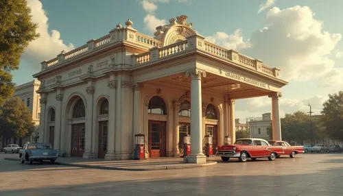 Neoclassical gas station, grandiose architecture, ancient Greek columns, ornate stone carvings, symmetrical facade, elegant arches, bronze door handles, stained glass ceiling, marble floors, vintage f