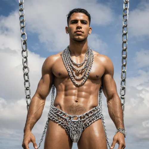 27 years old brazilian man cover with a lot of chains and diamonds, white brief ,chains,rope daddy,iron chain,harness,chain,chain link,steel rope,harnessed,steel ropes,gymnastic rings,climbing harness