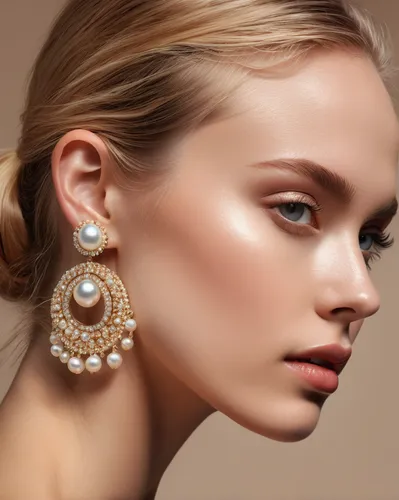 Top fashion poster, female model wearing a pair of large pearl earrings, contour light, ear close-up, fine skin texture, earrings highlight the moist light, super details, shoulder flat angle,earrings