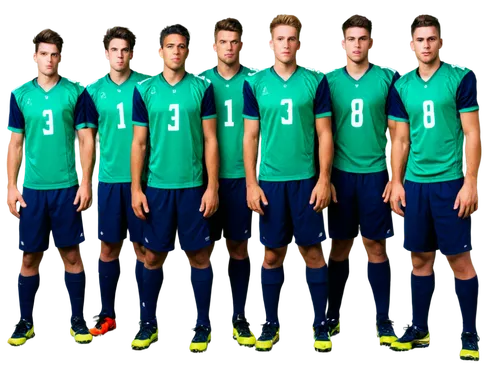 11 players, football team, standing in a line, athletic build, various facial expressions, different hair styles, sporty clothing, football jerseys, shorts, shin guards, cleats, confident postures, dy