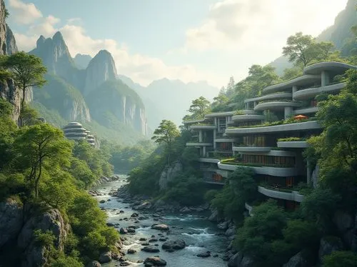 futuristic landscape,ecotopia,futuristic architecture,fallingwater,tigers nest,terraformed,rivendell,building valley,imperial shores,arcology,terraforming,kashyyyk,sedensky,mountain settlement,ancient city,kunplome,fantasy landscape,topia,apartment block,citadels,Photography,General,Realistic