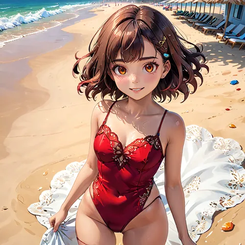 sanya,beach background,beach scenery,one-piece swimsuit,red sand,beach toy,honmei choco,summer swimsuit,swimsuit,seaside,pink beach,bathing suit,red summer,beach,on the beach,seaside daisy,tankini,kotobukiya,beautiful beach,by the sea,Anime,Anime,General