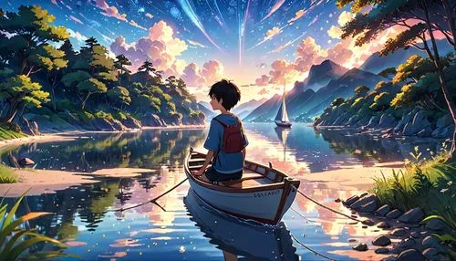 world digital painting,studio ghibli,evening lake,fantasy picture,magical adventure,journey,girl on the river,cg artwork,canoeing,landscape background,summer evening,mulan,fishing,fishing float,dream world,travelers,fantasia,the wanderer,magical,traveler,Anime,Anime,Traditional