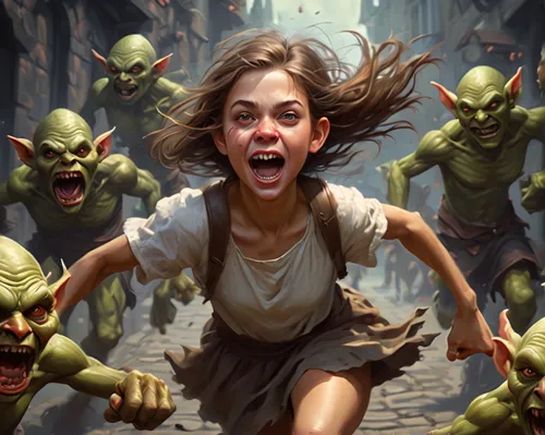 hobgoblins,ogress,goblins,halflings,orcs,donsky,temur,goblin,horde,paizo,morlocks,aoc,game illustration,zenimax,scared woman,halfling,pygmies,shambling,orcish,ogres,Conceptual Art,Fantasy,Fantasy 01