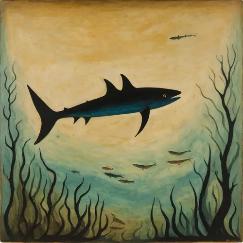 Underwater Painting by Aioras,bronze hammerhead shark,atlantic bluefin tuna,pacific sturgeon,lake sturgeon,forage fish,forest fish,sardine,tuna,capelin,requiem shark,fish-surgeon,remora,shoal,wild sal