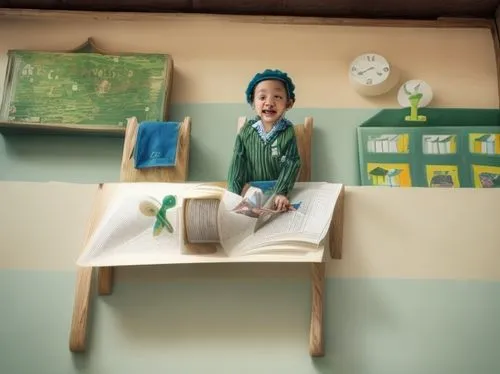 niño  en el aula hay  un reloj, una pizarra verde, un  estante  de libros, niño alegre, niño alto, niño realizando una paloma de papel color celeste. imagen realista,children's room,children's interio