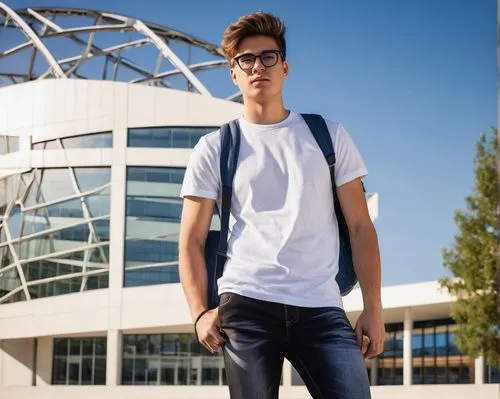 Young male, bachelor of arts, architectural design student, messy brown hair, black-framed glasses, casual wear, denim jeans, white graphic t-shirt, sneakers, holding a large portfolio, standing in fr